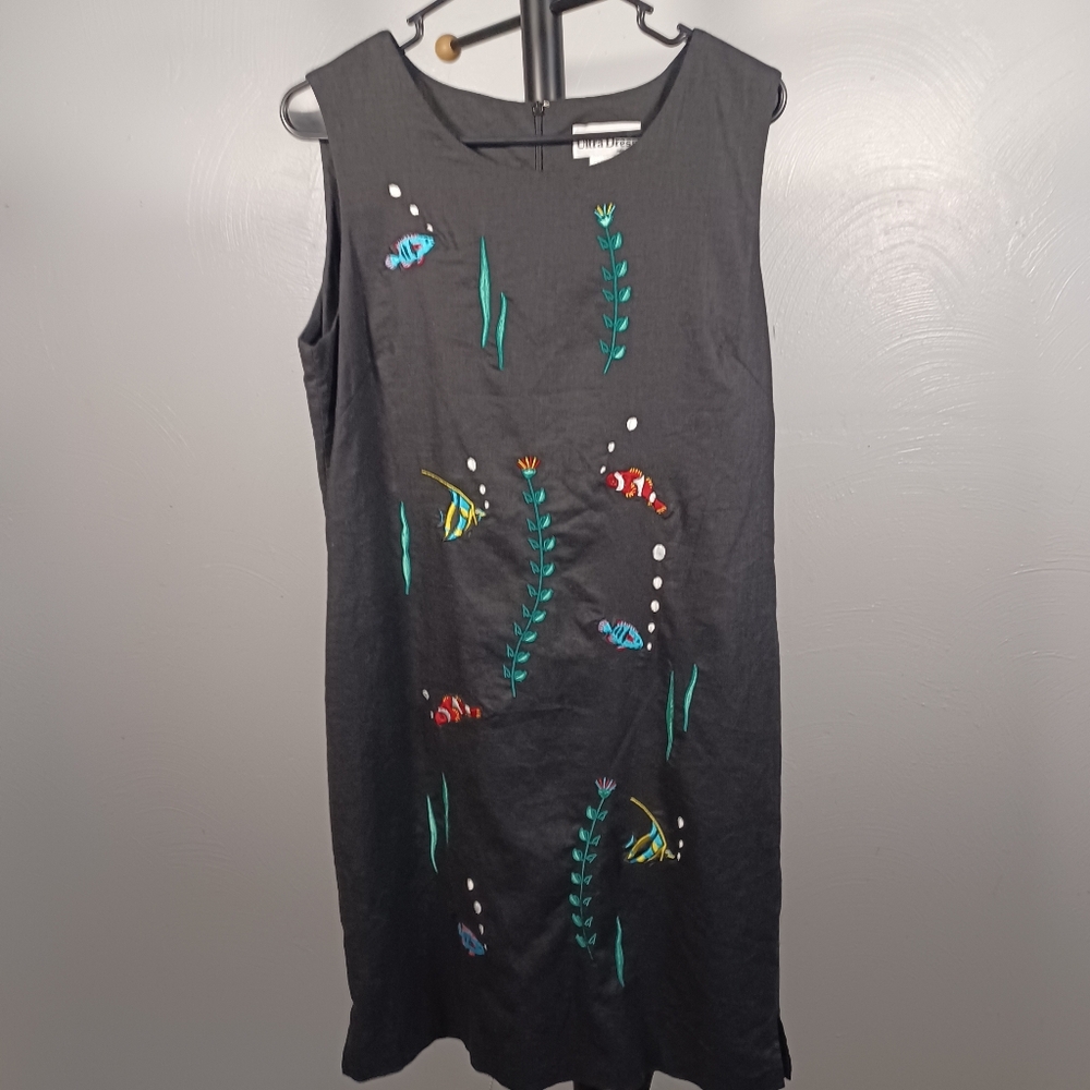 Ultra Dress Embroidered Fish Linen Blend Dress Size 12